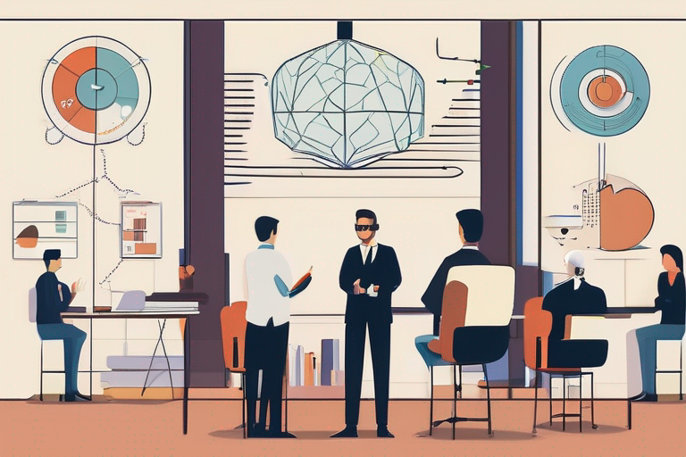 Profesionales colaborando en un ambiente moderno de aprendizaje con elementos visuales que representan crecimiento y desarrollo personal